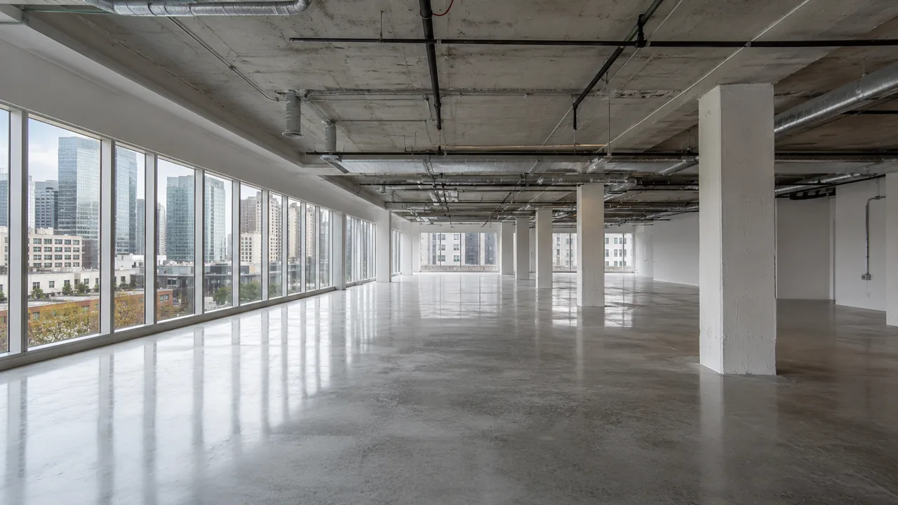 360 degree virtual tour of a vacant office floorplate showing the core, window line and exposed ceiling in an open suite