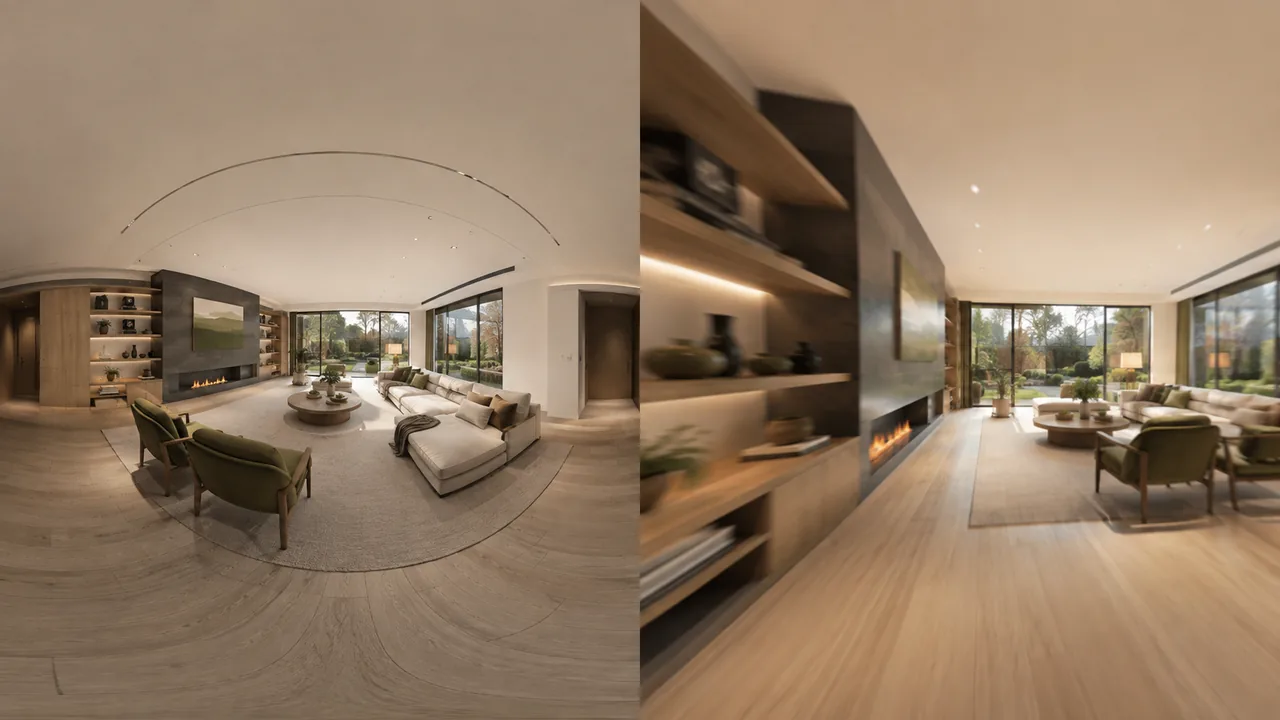 Comparison of a 360 degree virtual tour panorama and a 3D walkthrough film frame of the same building interior