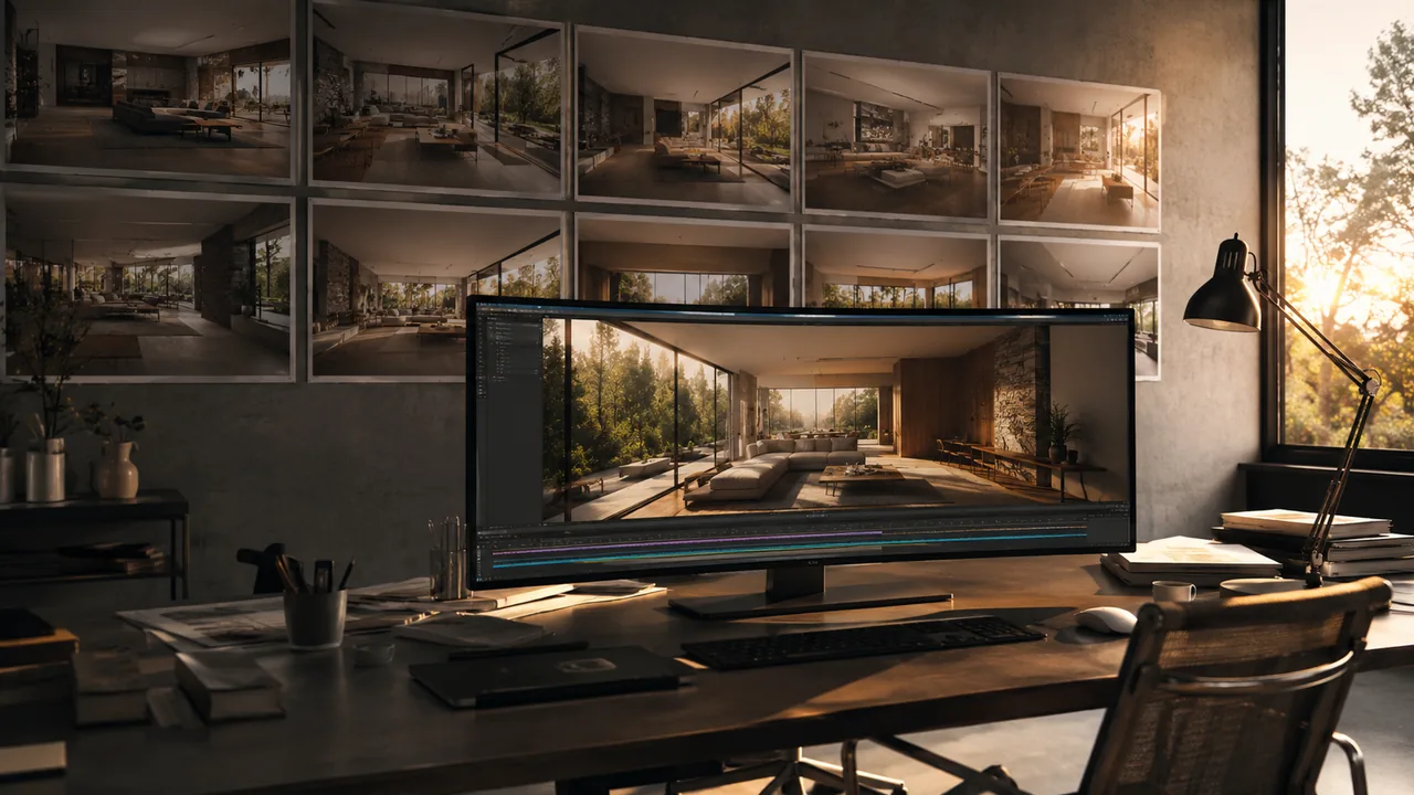 Side by side comparison of a still architectural rendering and a frame from a moving three dimensional walkthrough of the same interior