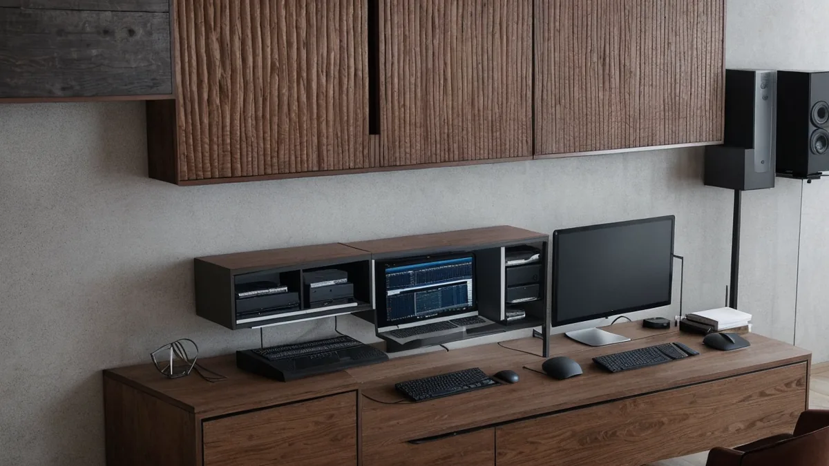High-performance 3D rendering workstation with multi-monitor setup showing architectural visualization rendering in progress