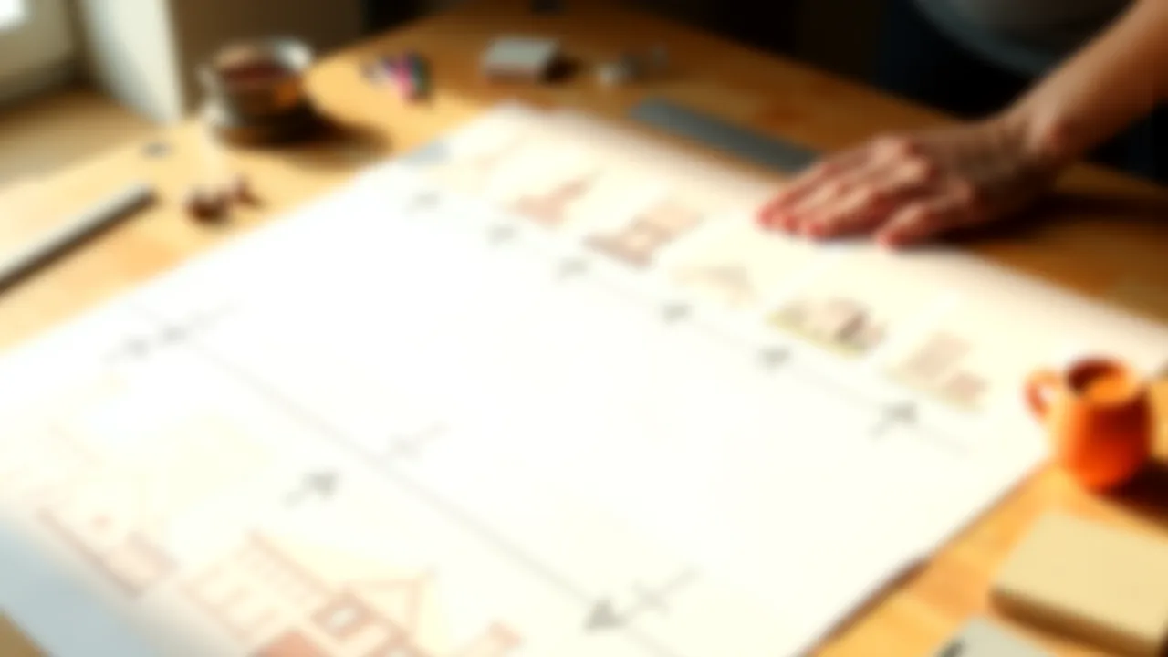 Storyboard frames for a 3D walkthrough laid out in sequence on a studio table