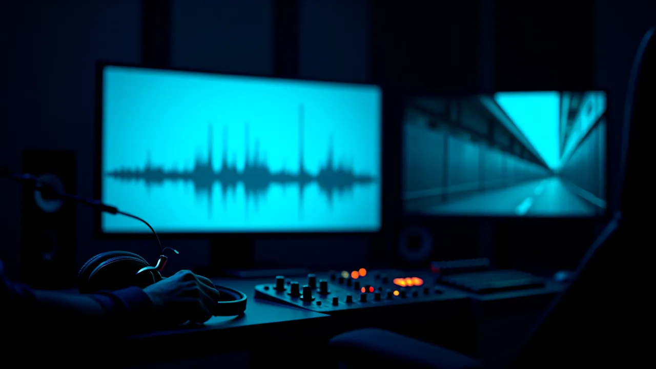 Audio waveform and 3D walkthrough footage shown side by side in an editing session