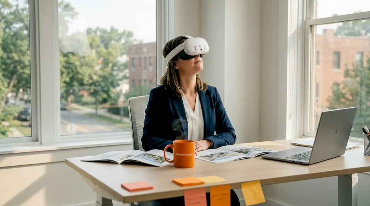 Real estate professional wearing a VR headset at a desk with a laptop and floor plan documents, city skyline visible through the window