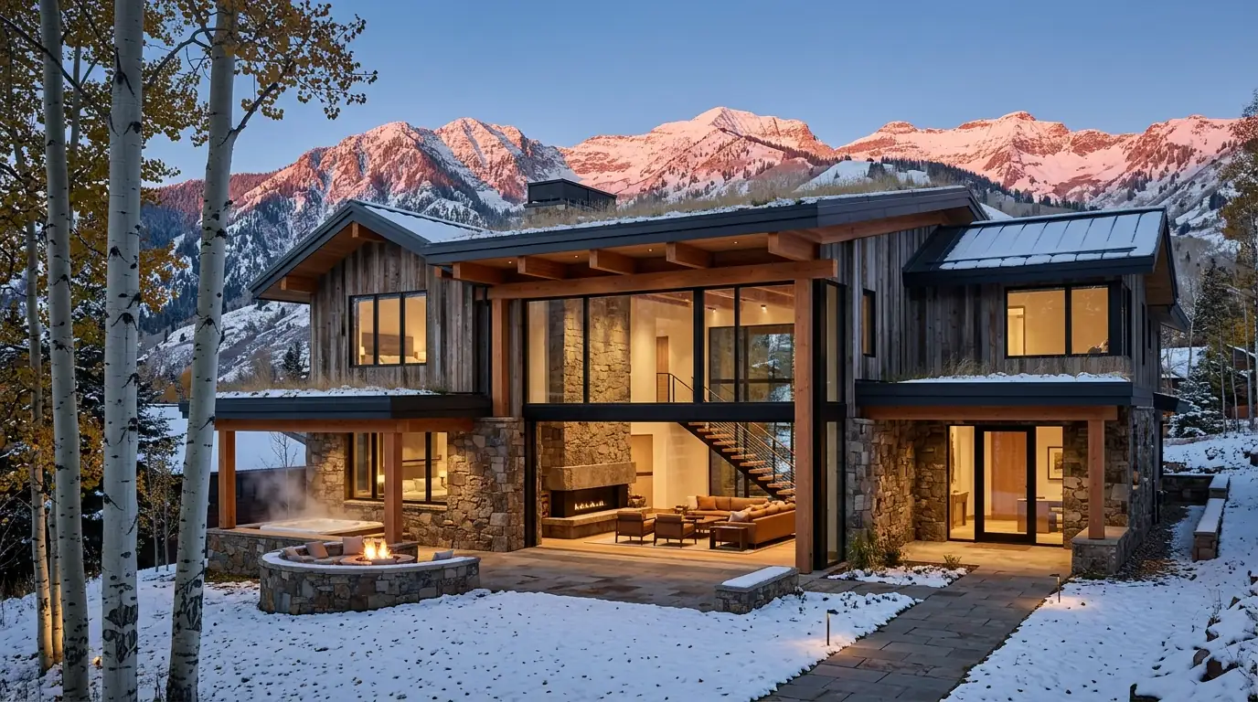 3D architectural rendering of a mountain contemporary home with reclaimed timber, dry-stacked stone, and an alpine winter backdrop, by Rendimension