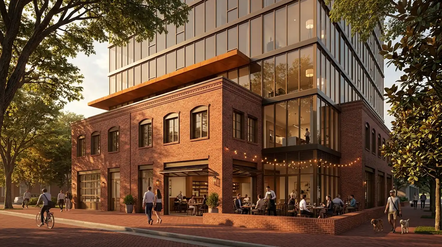 Atlanta Midtown mixed-use rendering with Georgia red brick base, Corten transition, and oak tree canopy, by Rendimension