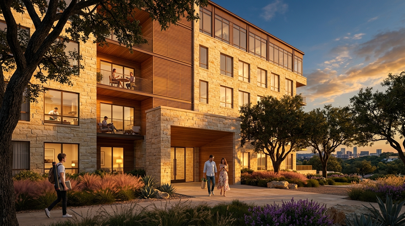 Austin Hill Country modern mixed-use rendering with Texas limestone, cedar balconies, and live oak foreground, by Rendimension