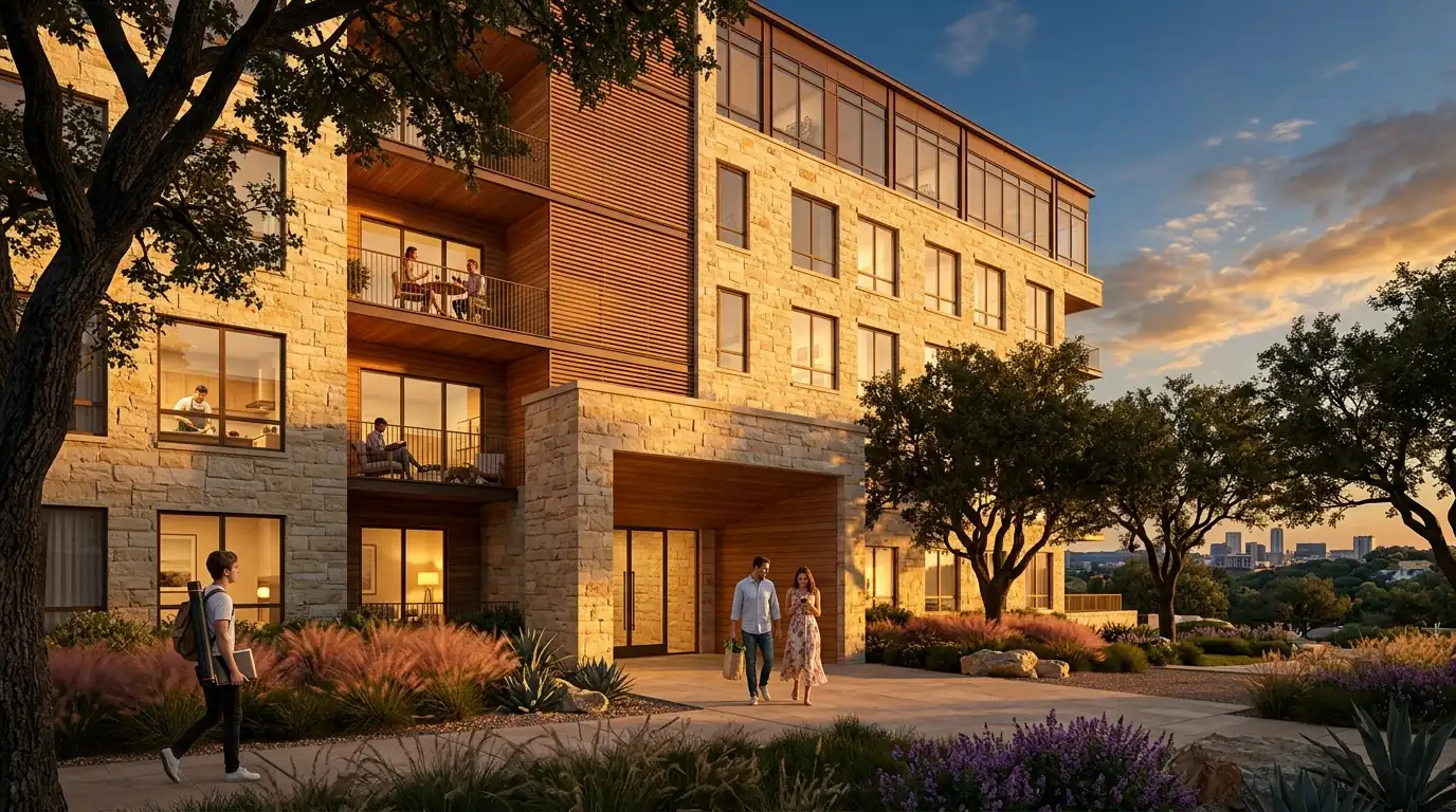 Austin Hill Country modern mixed-use rendering with Texas limestone, cedar balconies, and live oak foreground, by Rendimension