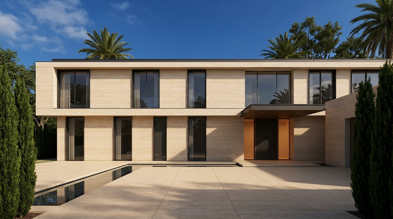3D architectural rendering of an ultra-luxury Beverly Hills estate with Italian travertine limestone, dark steel frames, and formal motor court, by Rendimension