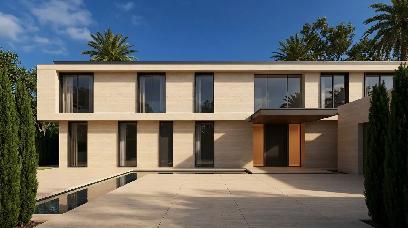 3D architectural rendering of an ultra-luxury Beverly Hills estate with Italian travertine limestone, dark steel frames, and formal motor court, by Rendimension