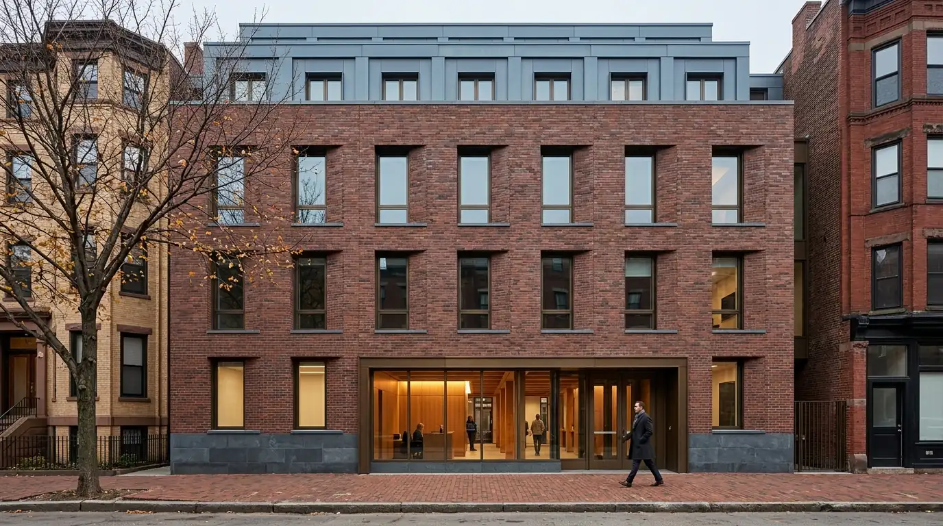3D architectural rendering of a Boston Back Bay institutional building with warm red-brown brick, zinc upper setback addition, slate stone base, bronze storefront, and a professional in a long dark overcoat walking at a measured pace, by Rendimension