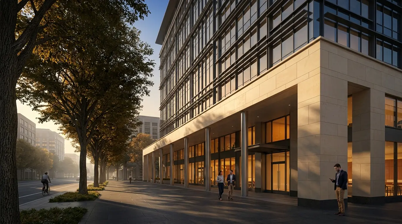 3D architectural rendering of a premium mixed-use commercial building with warm limestone podium, dark curtainwall with sunshade blades, and willow oak-lined boulevard in Charlotte, NC, by Rendimension