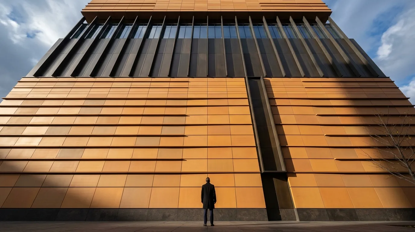 3D architectural visualization of a Chicago terracotta rainscreen tower viewed from a low-angle worm's eye shot with a single figure at the base, by Rendimension