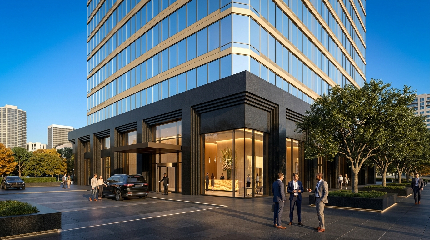 Dallas Uptown luxury mixed-use tower rendering with polished granite podium and champagne curtain wall, by Rendimension
