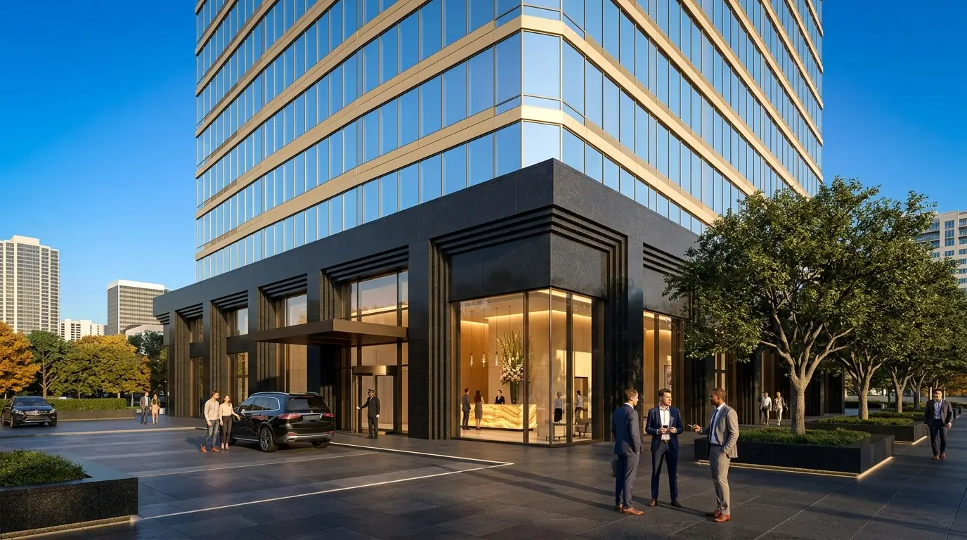 Dallas Uptown luxury mixed-use tower rendering with polished granite podium and champagne curtain wall, by Rendimension