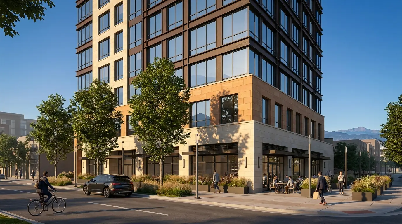 Premium Denver mixed-use multifamily development rendering with pale limestone base, dark steel curtainwall tower, Rocky Mountain silhouette, and active street-level cafe terrace, by Rendimension
