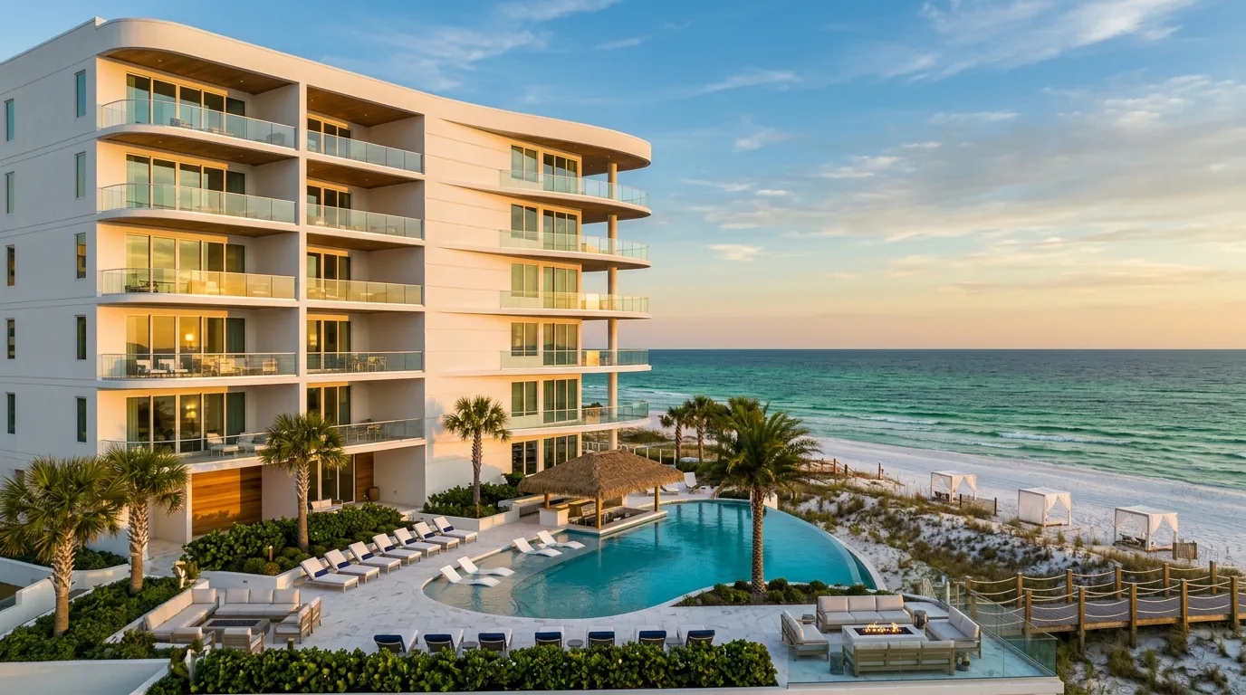 Destin Gulf-front luxury condominium rendering with white stucco facade, resort-style pool deck, and Emerald Coast turquoise water at golden hour, by Rendimension