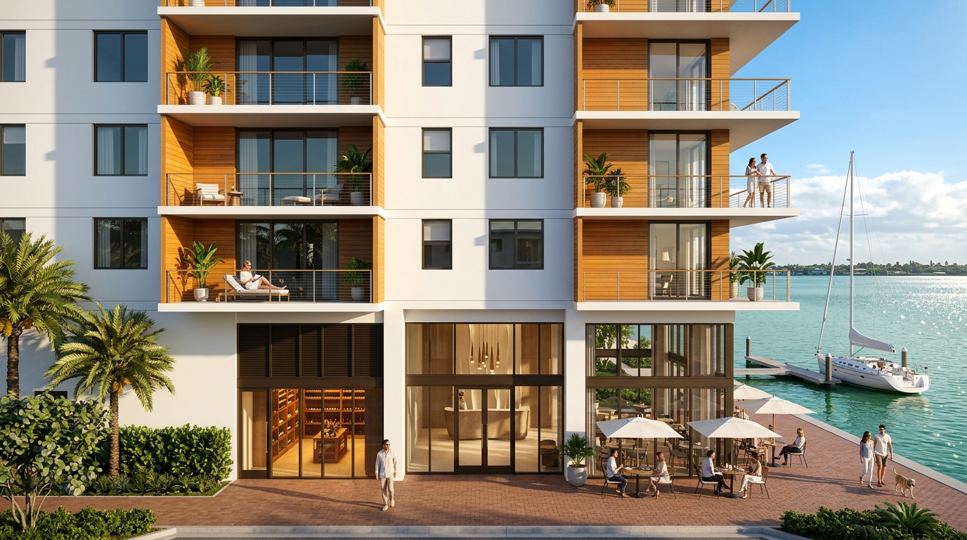 Fort Lauderdale waterfront mixed-use architectural rendering showing coastal modern mid-rise with Intracoastal Waterway, by Rendimension