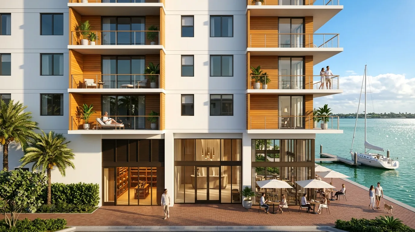 Fort Lauderdale waterfront mixed-use architectural rendering showing coastal modern mid-rise with Intracoastal Waterway, by Rendimension