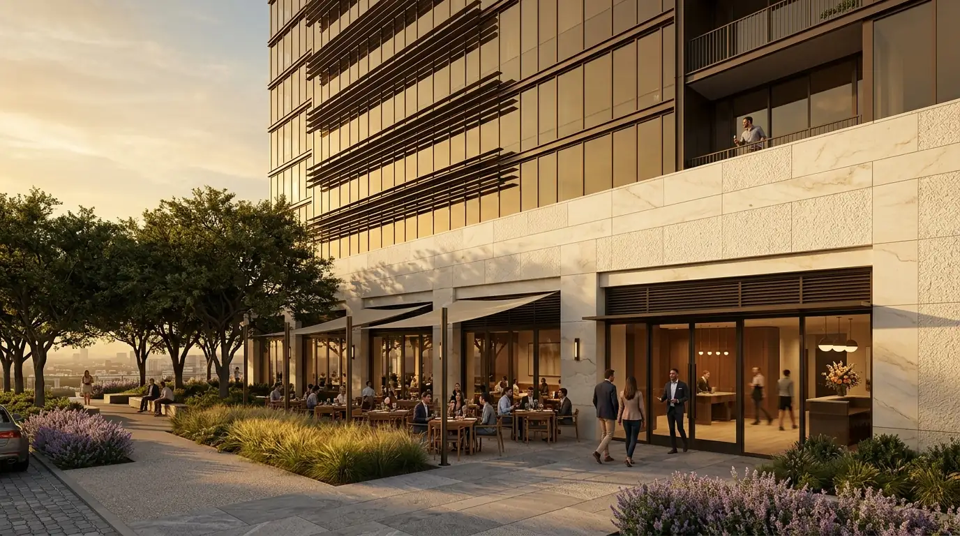 Houston premium mixed-use rendering with Texas limestone podium, brise-soleil fins, and Gulf Coast afternoon sky, by Rendimension