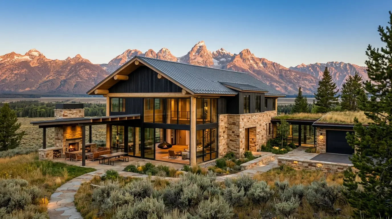 Jackson Hole custom luxury mountain home rendering with reclaimed timber, hand-stacked stone, and Grand Teton range at alpenglow, by Rendimension
