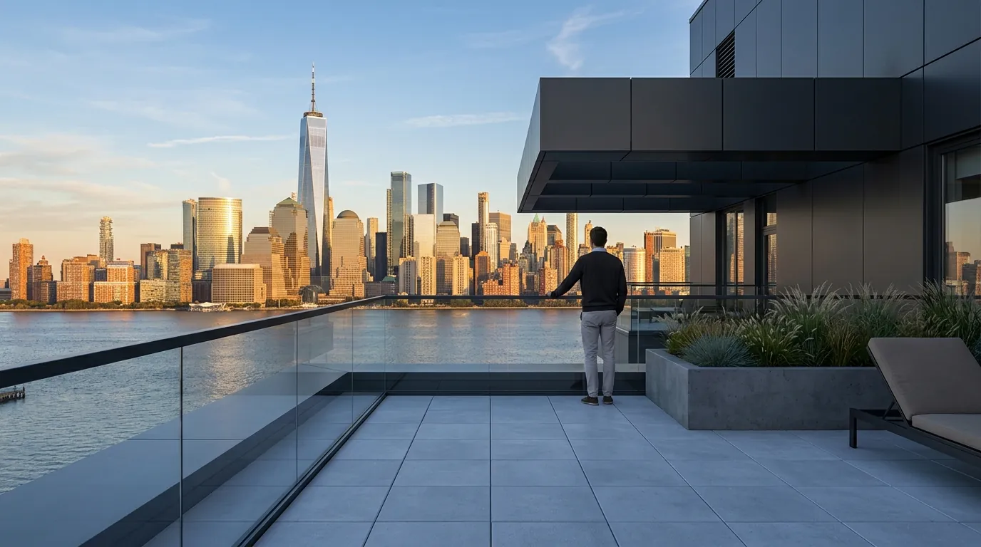 3D visualization of a Jersey City luxury residential rooftop terrace with Manhattan skyline and One World Trade Center visible across the Hudson River, single resident at glass railing, by Rendimension
