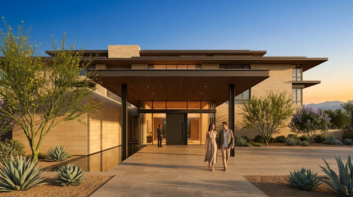 3D architectural rendering of a luxury desert resort residential building with porte-cochere, warm stone cladding, agave and palo verde landscape, and Nevada golden hour sky in Las Vegas, NV, by Rendimension