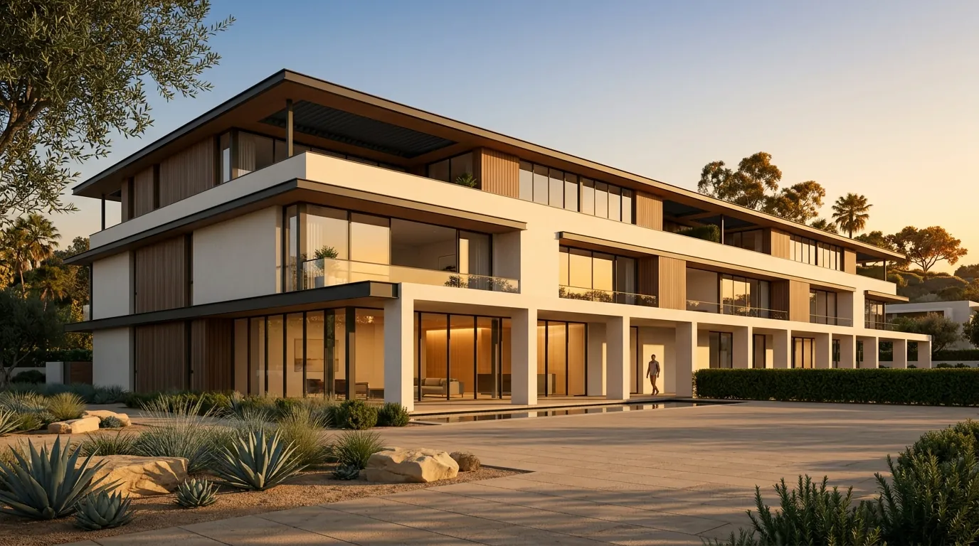 3D architectural rendering of a California modernist luxury residential building with white stucco, ipe wood, and drought-tolerant landscape in Los Angeles, by Rendimension
