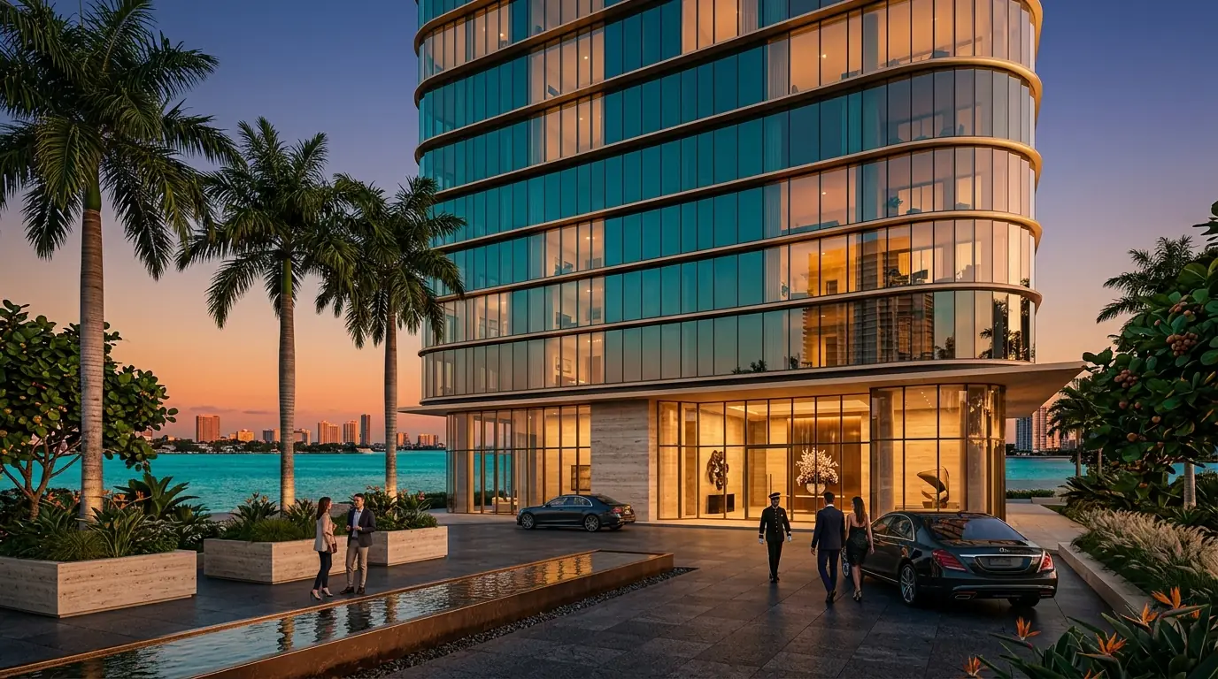3D architectural rendering of a luxury residential tower with travertine podium, royal palms, and a bayfront setting at golden hour, by Rendimension