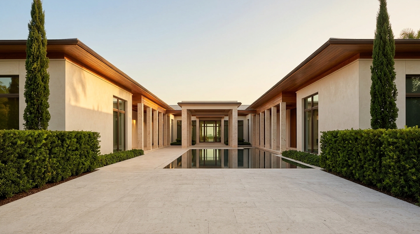 3D architectural rendering of a single-story ultra-luxury estate with coral stone columns, reflecting pool, and warm plaster facade in Naples, Florida, by Rendimension
