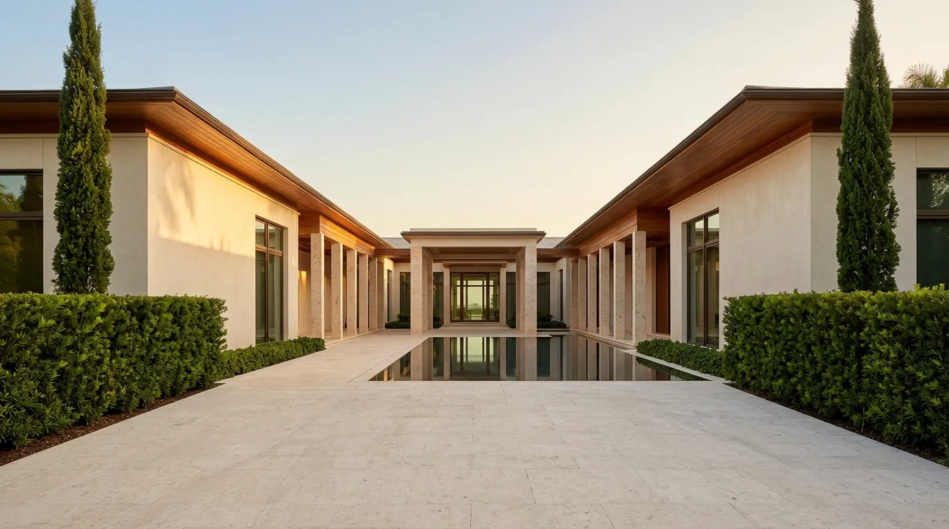 3D architectural rendering of a single-story ultra-luxury estate with coral stone columns, a reflecting pool, and a warm plaster facade, by Rendimension