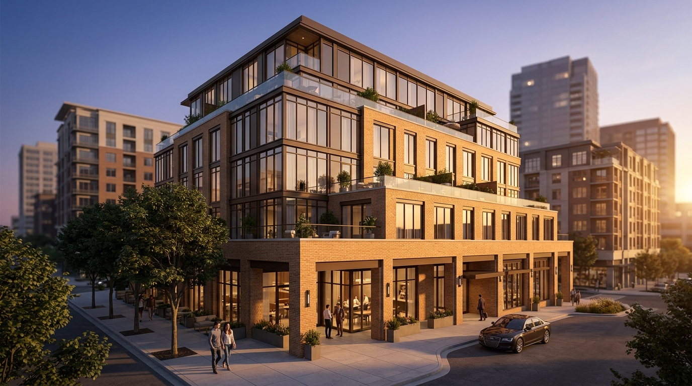 Premium Nashville mixed-use boutique hospitality development rendering with warm amber brick, dark bronze glazing, and activated street-level lobby at golden hour, by Rendimension