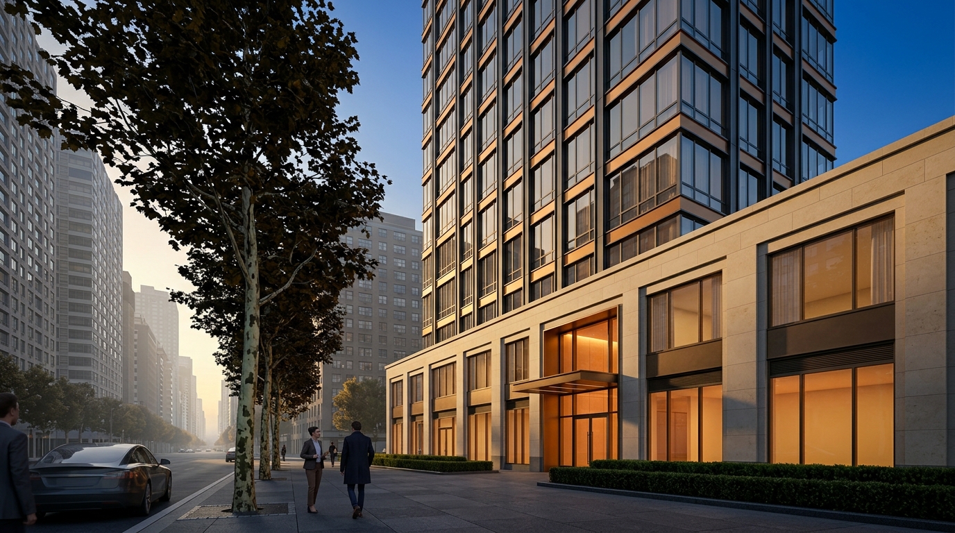 3D architectural rendering of a luxury mixed-use high-rise tower with limestone podium and London plane trees in New York City, by Rendimension