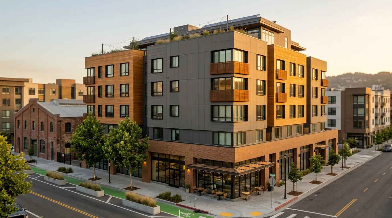 3D architectural rendering of a transit-oriented mixed-use development with a warm brick base and activated ground-floor retail, by Rendimension