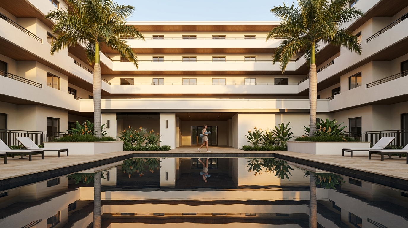 3D architectural rendering of a premium Class A+ multifamily residential courtyard with dark-tiled pool mirror, royal palms, horizontal terrace overhang rhythm, and a resident with yoga mat entering the covered breezeway in Orlando, FL, by Rendimension