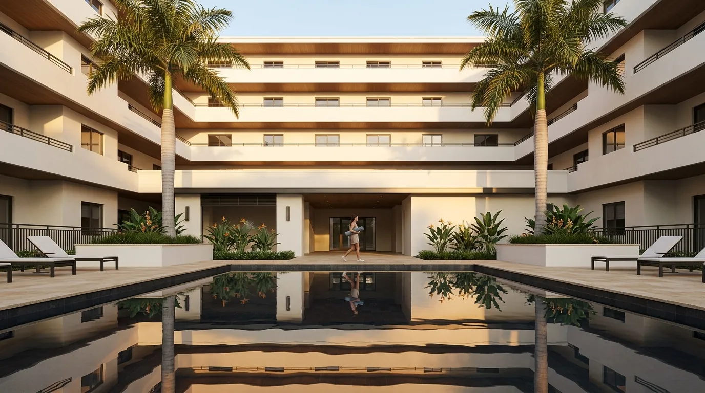 3D architectural rendering of a premium Class A+ multifamily residential courtyard with dark-tiled pool mirror, royal palms, horizontal terrace overhang rhythm, and a resident with yoga mat entering the covered breezeway in Orlando, FL, by Rendimension