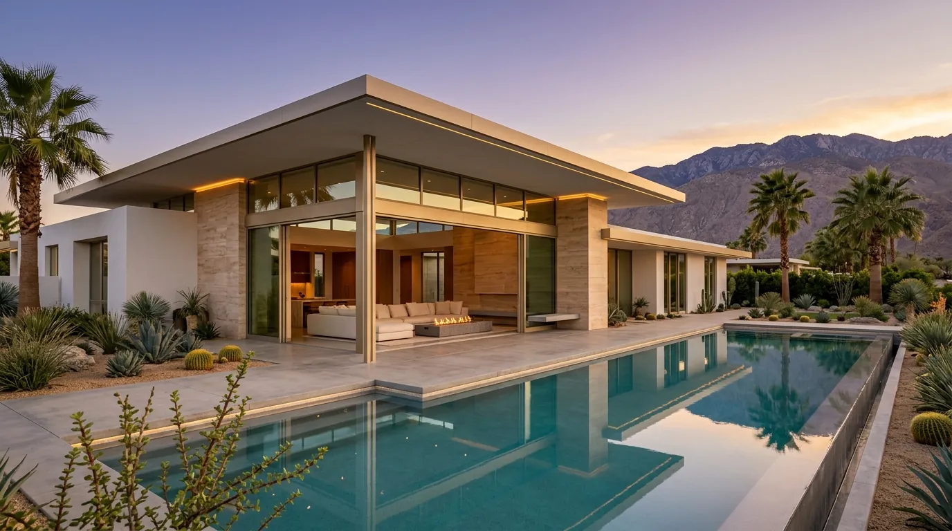 Palm Springs desert modern luxury home rendering with flat roof, deep overhang, infinity pool, and San Jacinto Mountains at golden hour, by Rendimension