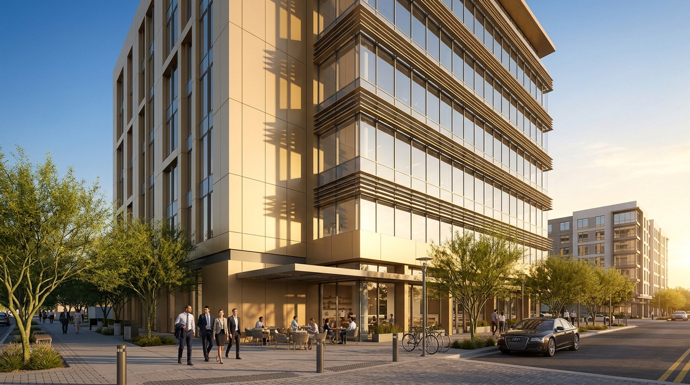Premium Phoenix mixed-use architectural rendering with champagne aluminum cladding, brise-soleil shade fins, and active street-level cafe terrace at golden hour, by Rendimension