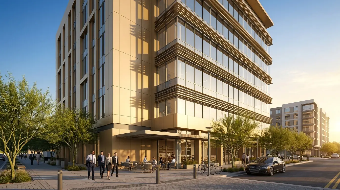 Premium Phoenix mixed-use architectural rendering with champagne aluminum cladding, brise-soleil shade fins, and active street-level cafe terrace at golden hour, by Rendimension