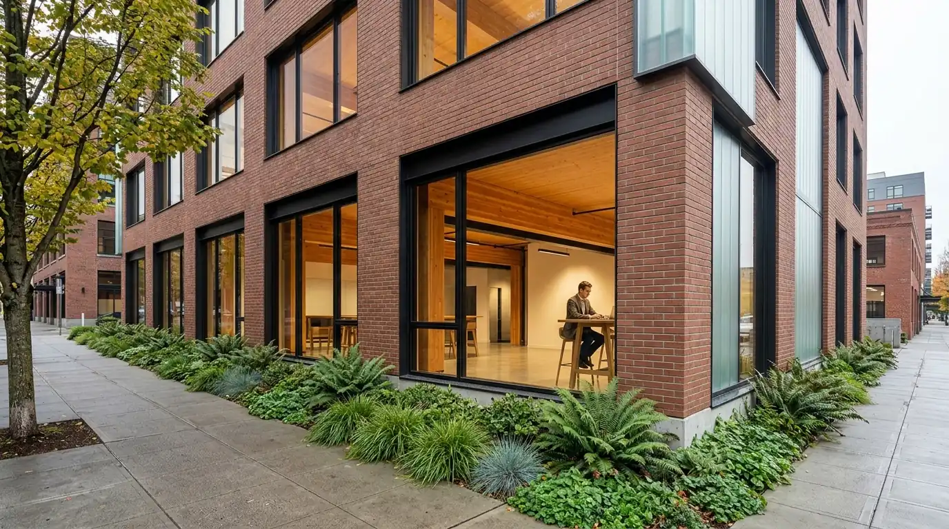 3D architectural rendering of a Portland Pearl District mass timber building with CLT ceiling and glulam beams visible through large-format ground-floor glass, rain garden planting strip with Pacific Northwest natives, and warm 3000K interior light spilling onto the sidewalk, by Rendimension