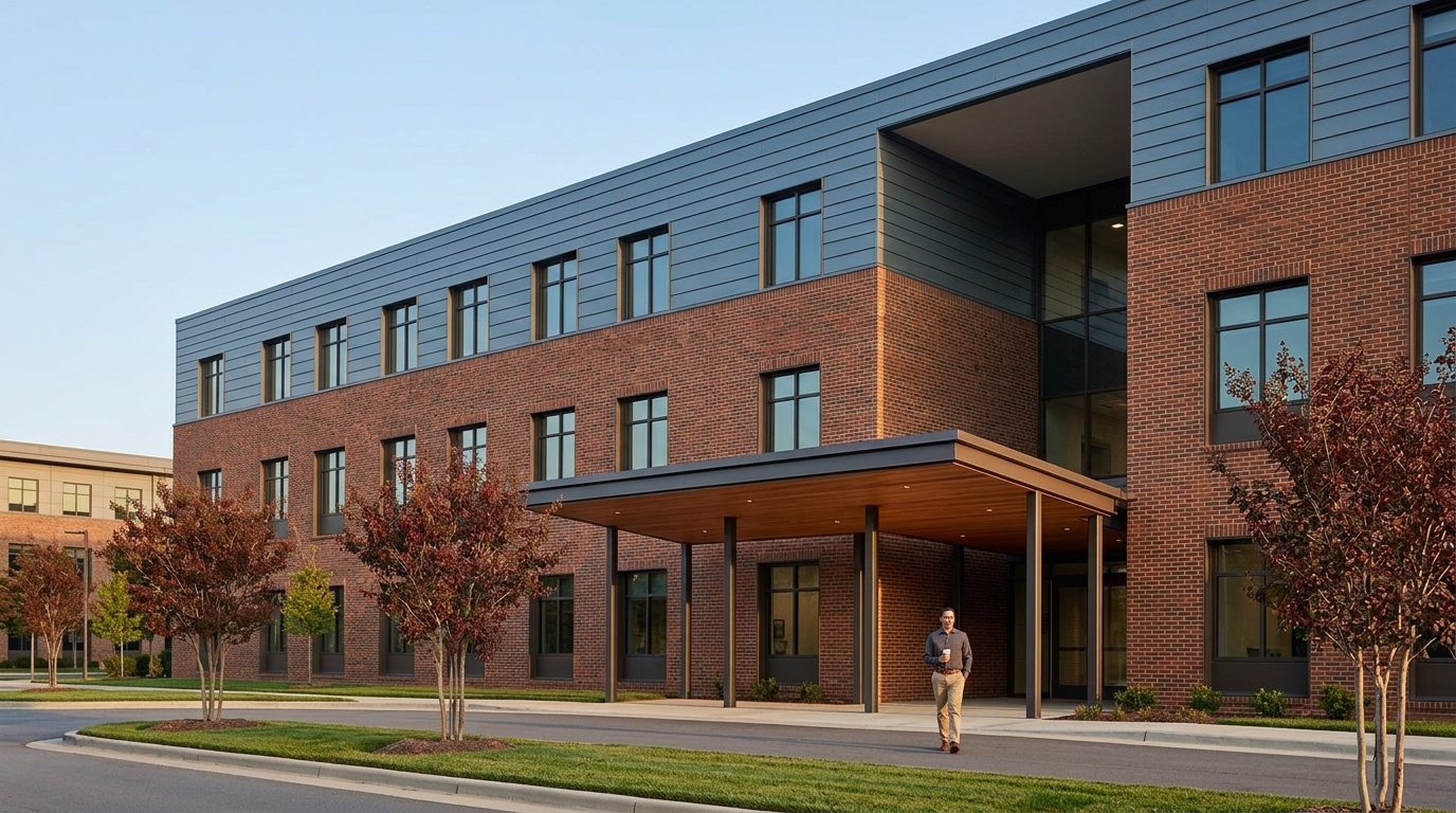 3D architectural rendering of a Research Triangle Park campus building with warm red-brown brick, zinc upper floor, timber canopy soffit, and a campus professional walking toward camera with coffee, Raleigh NC, by Rendimension