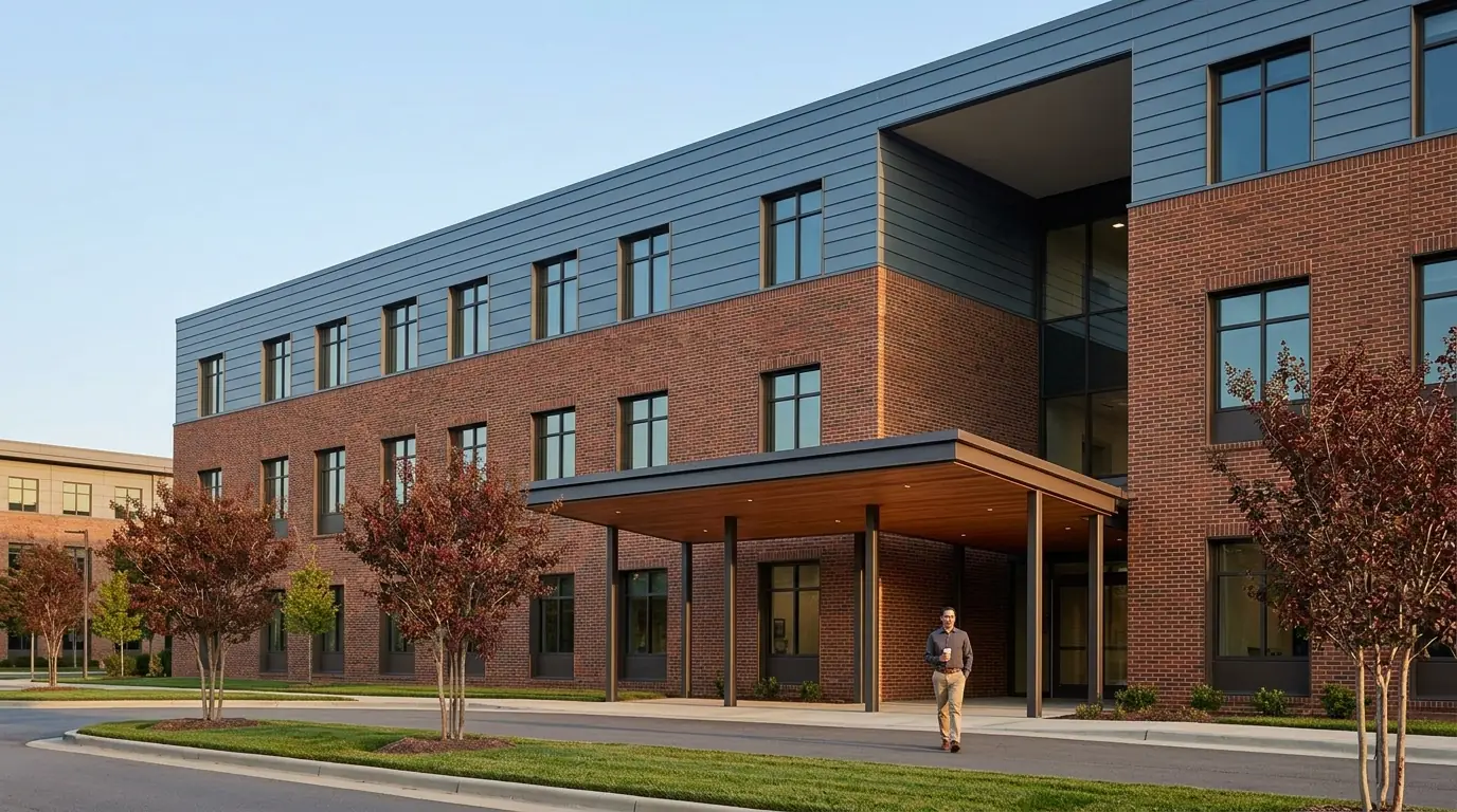 3D architectural rendering of a Research Triangle Park campus building with warm red-brown brick, zinc upper floor, timber canopy soffit, and a campus professional walking toward camera with coffee, Raleigh NC, by Rendimension