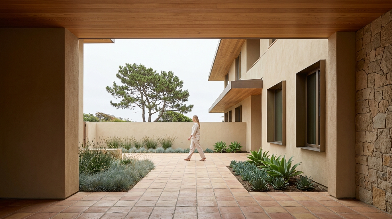 3D architectural rendering of a San Diego Pacific modern courtyard building with cedar timber soffit, sand plaster walls, terracotta tile, and a lone figure walking through the sunlit breezeway-to-courtyard threshold, by Rendimension