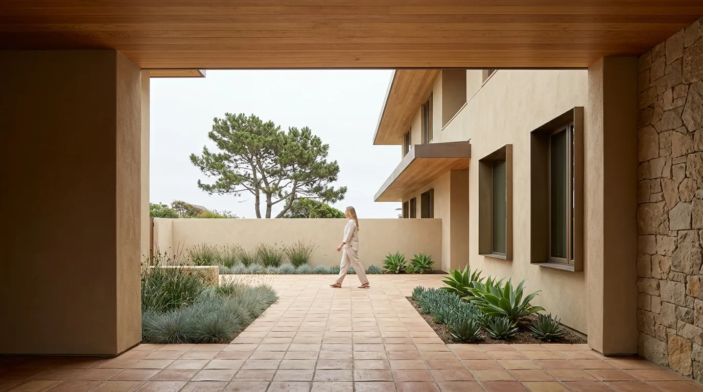 3D architectural rendering of a San Diego Pacific modern courtyard building with cedar timber soffit, sand plaster walls, terracotta tile, and a lone figure walking through the sunlit breezeway-to-courtyard threshold, by Rendimension