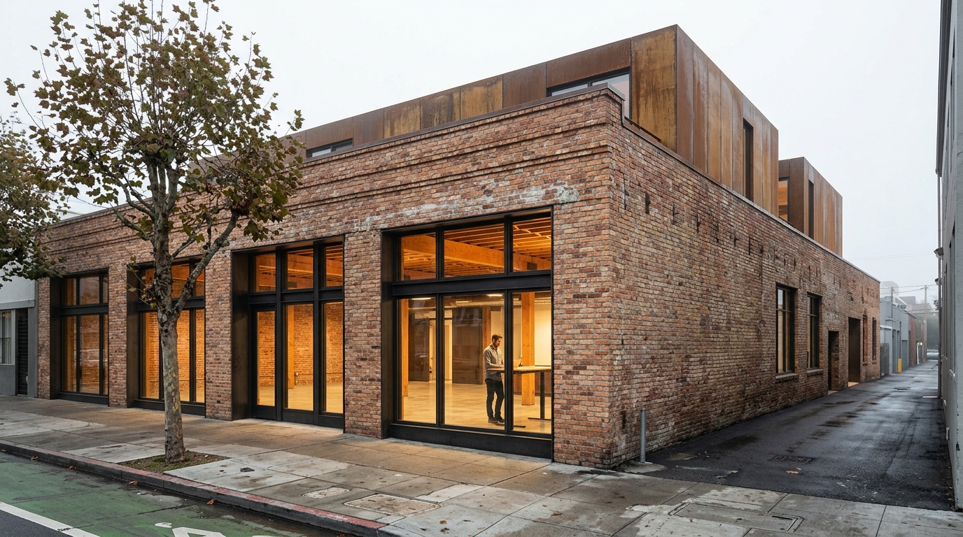 3D architectural visualization of a San Francisco SoMa adaptive reuse building with antique brick exterior, Cor-Ten rooftop addition, and warm creative office interior visible through ground-floor glass, by Rendimension