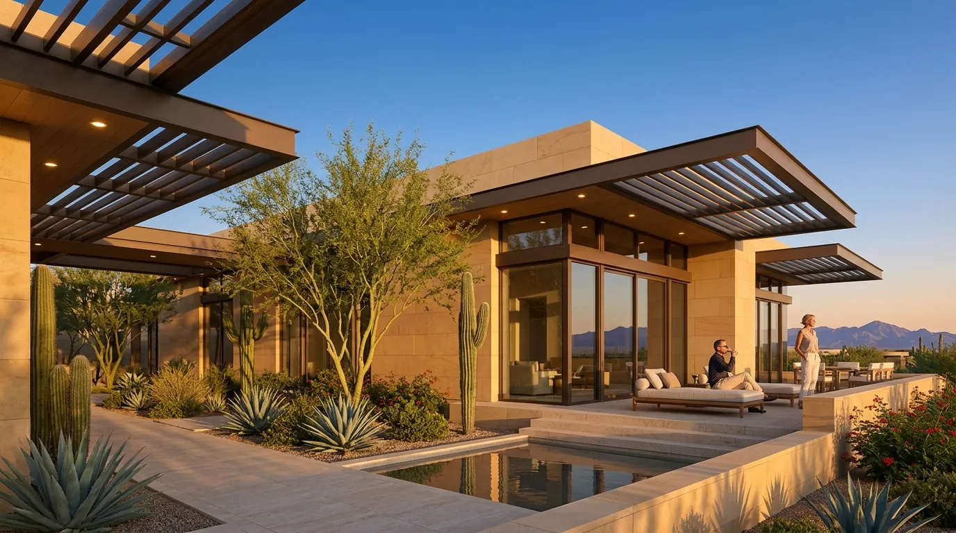 Luxury desert architectural rendering of a Scottsdale resort-style development with limestone walls, saguaro cactus, and reflecting pool at golden hour, by Rendimension