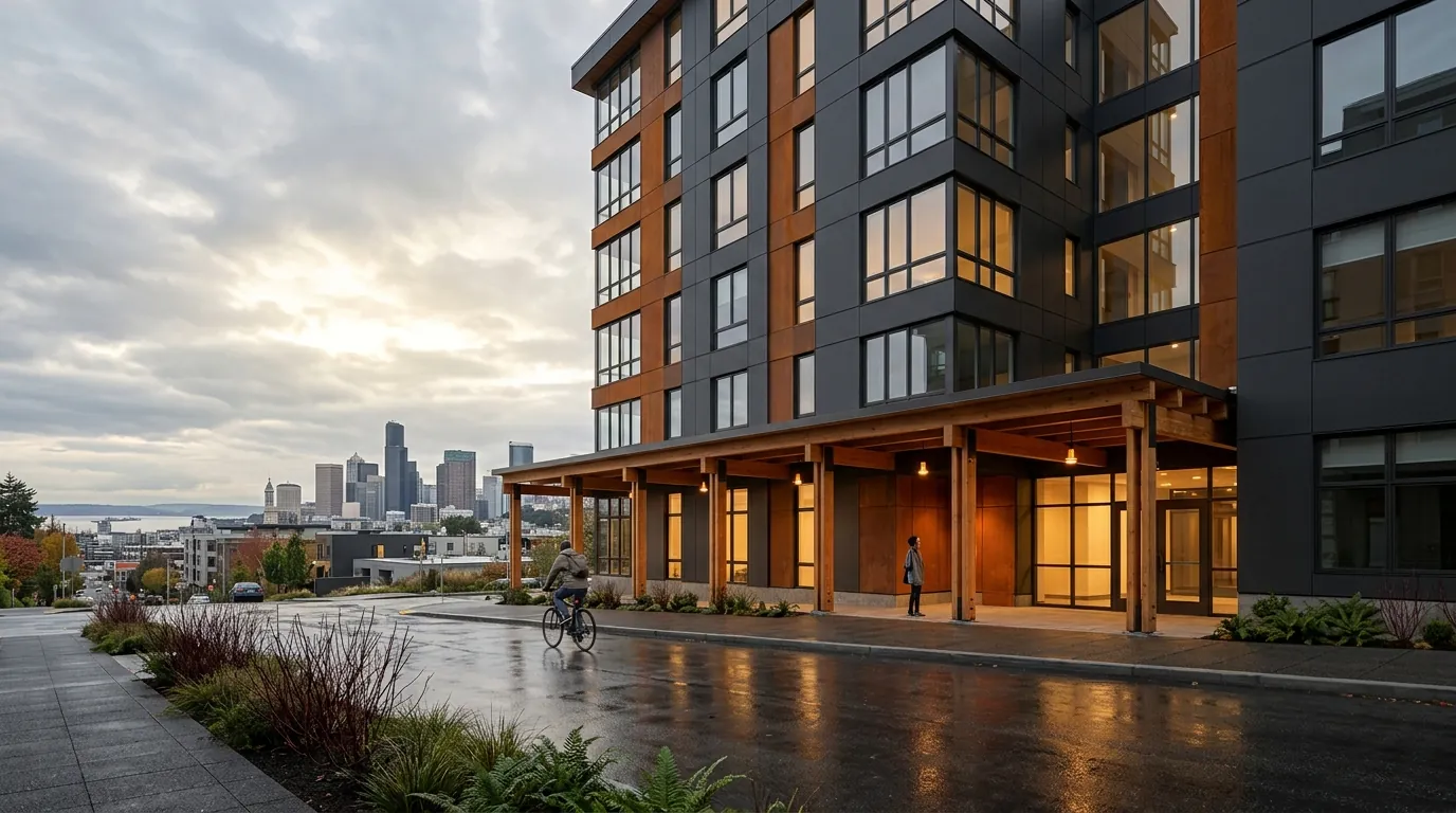 3D architectural rendering of a Pacific Northwest mixed-use building with Cor-Ten steel, Douglas fir timber colonnade, and wet pavement in Seattle, by Rendimension