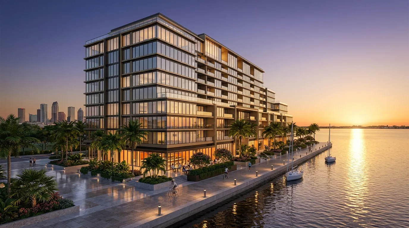 Luxury waterfront mixed-use development rendering in Tampa with bronze curtainwall, bay reflections, and tropical promenade at dusk, by Rendimension