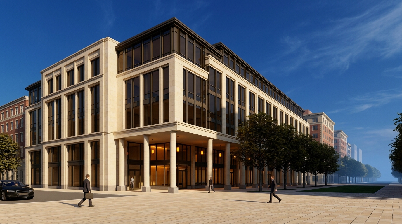 3D architectural rendering of a premium institutional building with Indiana limestone facade and stone colonnade in Washington DC, by Rendimension