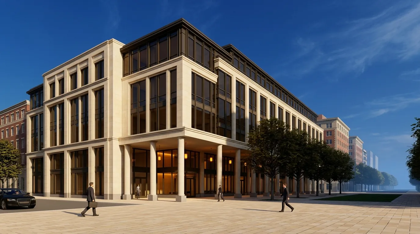 3D architectural rendering of a premium institutional building with Indiana limestone facade and stone colonnade in Washington DC, by Rendimension