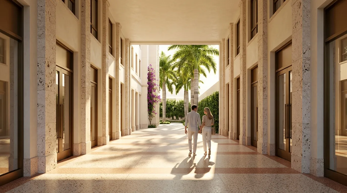 3D architectural rendering of a boutique arcade with coral stone columns, terrazzo floor, and backlit bougainvillea in a sunlit courtyard, by Rendimension